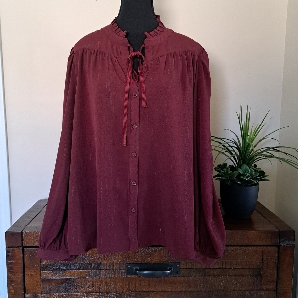 DKNY Women's Lurex Blouse Burgandy Long Sleeve Ruffle Top  NWOT